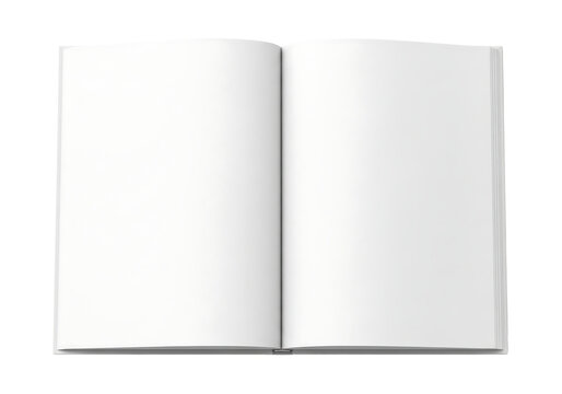 Open book with blank white pages, top view mockup for magazine or text. Isolated on transparent background, png