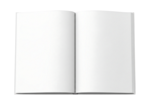 Open book with blank white pages, top view mockup for magazine or text. Isolated on transparent background, png