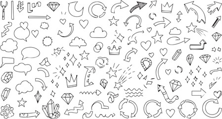 Collection of hand drawn doodle elements and symbols isolated on transparent background
