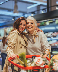 Joyful Shopping Experience With Grandmother and Granddaughter in Grocery Store
