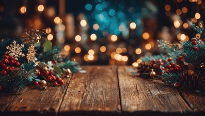 Festive christmas decorations on a rustic wooden surface.