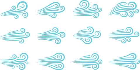 Naklejka premium Collection of blue stylized wind gusts isolated on transparent background