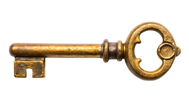 Antique brass key isolated on transparent background