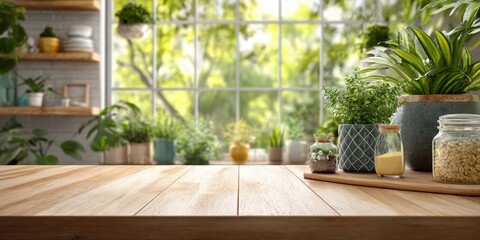 Sunlit Kitchen Interior with Wooden Table and Green Plants for Cozy Food Photography