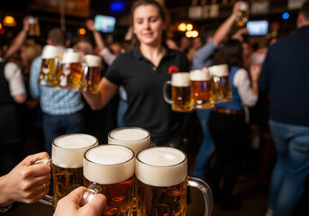 A group of friends toast with large glass mugs of beer in a lively pub or beer hall. In the blurred background, a waitress carries trays of beer through the crowded room.