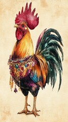 Adorned Rooster Watercolor Art