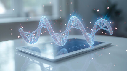  Glowing DNA strand above digital tablet. Advanced biotech visualization representing genetic engineering, molecular research, and futuristic medical technology.