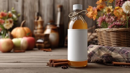 Fototapeta premium Blank bottle label mockup with apple cider ingredients. Wooden table surface. Cozy autumn kitchen