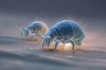 Close-up of detailed dust mites on fabric with soft lighting, showcasing their small size against a neutral background for easy design editing.