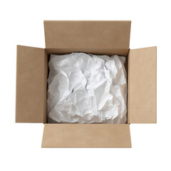 Open Brown Cardboard Box Filled with Crumpled White Paper &ndash; Top View Packaging Mockup