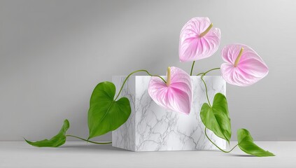 Pink Anthurium flowers in a marble cube.