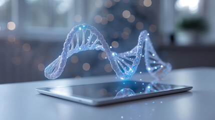 Glowing DNA helix above tablet device. Futuristic biotechnology and genetic research concept showing digital innovation in molecular science and bioinformatics.