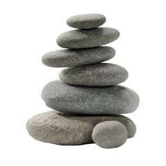 Balanced stack of seven smooth rounded stones with one small separate stone on transparent background
