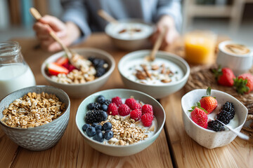 An overhead, close-up view of a vibrant and healthy breakfast table with two bowls of yogurt and granola, topped with fresh berries. A cup of coffee and second person softly blurred in the background