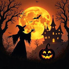 Halloween Night of a full moon with Hunted House