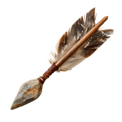 Rustic Tribal Arrow with Carved Wooden Shaft Stone Arrowhead and Feathers on Transparent Background