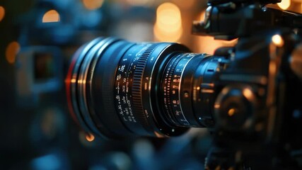 A close-up shot of a camera lens on a tripod, suitable for use in photography tutorials or equipment showcases