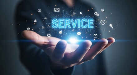 Hand holding glowing blue digital service technology with abstract icons and data streams