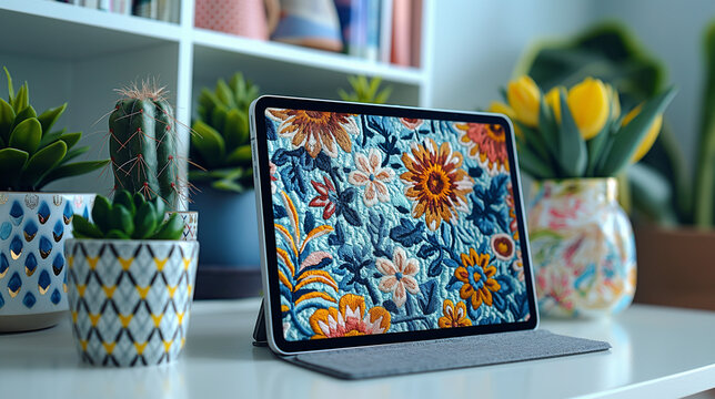  Digital tablet displaying vibrant floral pattern. Modern interior workspace with decorative plants and colorful botanical design for home inspiration or textile art concept. - Powered by Adobe