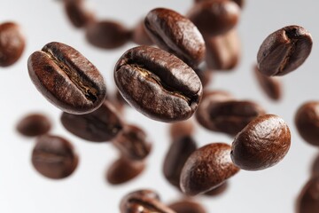 Fototapeta premium Coffee beans floating against a white background in a high-angle view, showcasing their rich texture and natural colors.