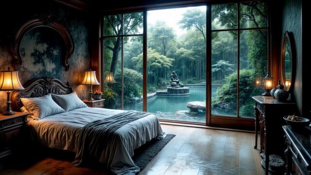 A charming traditional Japanese wooden bedroom with exquisite furniture, vases and lamps, with panoramic windows and open access to a Japanese garden with bonsai, a rock garden and a pond.