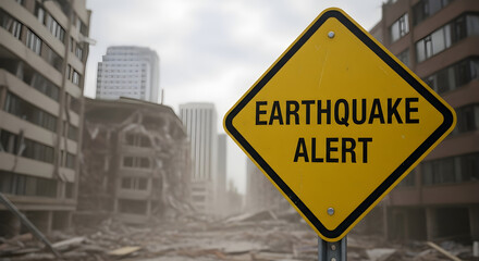 Obraz premium Earthquake Alert Sign Amidst Urban Devastation