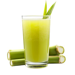 Sugarcane Juice in a glass with Sugarcane Stalks isolated on a White Background

