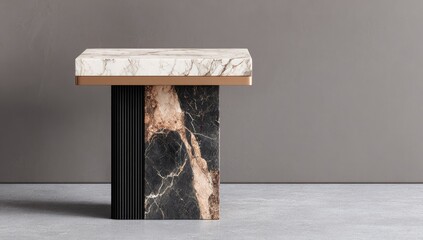 Square coffee table with a marble top and a dark base.