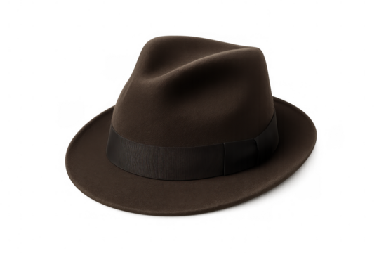 Vintage brown fedora featuring black ribbon band, highlighting classic menswear accessory against clean transparent backdrop
