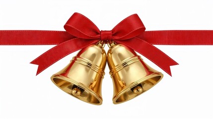 Festive gold bells tied with a vibrant red bow against a clean white backdrop, radiating holiday cheer.