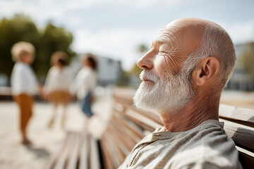 A peaceful senior man on a park bench, his eyes closed and face turned to the sun conveys a sense of calm enjoyment and quiet reflection, with blurred figures in background