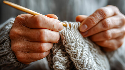 Close-up of elderly hands knitting a wool scarf with wooden needles
