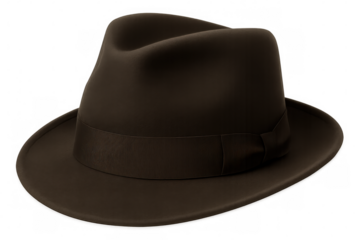 Vintage-style brown fedora featuring dark ribbon, showcasing classic headwear design against transparent background