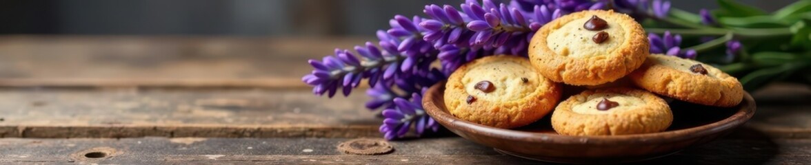 A rustic wooden table holds a plate of cookies and a vibrant lavender bouquet , spring, flowers, botany