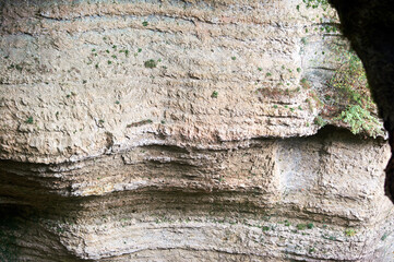 A dramatic cross-section of canyon walls reveals millions of years of geological history through colorful sedimentary layers.