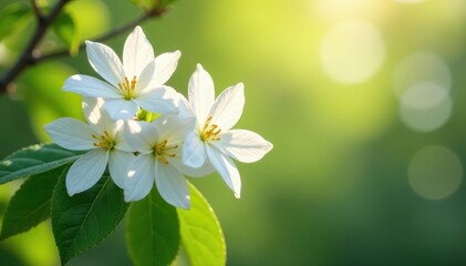 Fototapeta premium Delicate white jasmine blossoms unfurl in the spring sunlight , outdoor, serene, garden