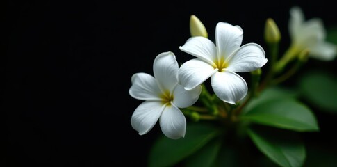 Fototapeta premium Delicate white jasmine blossoms in full bloom against a stark black backdrop , scent, petals, close-up
