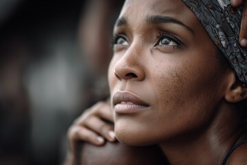 A stunning close-up portrait of a thoughtful African American woman with luminous skin and a headscarf, looking up with a soft, pensive expression. The tight crop emphasizes her beauty and freckles.