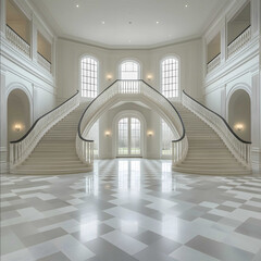 grand entrance foyer with dual staircase and checkered floors of white and light grey