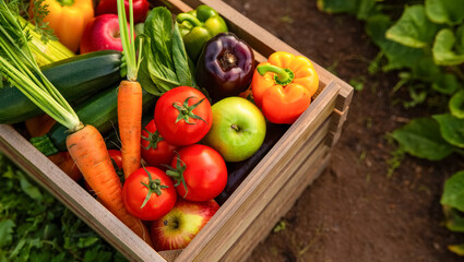 Top view of a wooden box filled with freshly harvested organic vegetables and fruits including carrots, tomatoes, peppers, apples, and zucchini, resting on garden soil