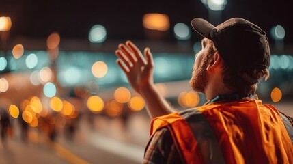 Obraz premium An airport worker in an orange vest waves to a boarding plane, highlighting his hand against a blurred background of airplane lights.