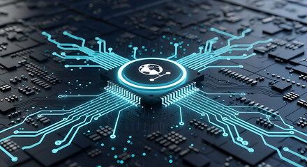 Close up of a glowing microchip with a globe icon and intricate circuit board connections design