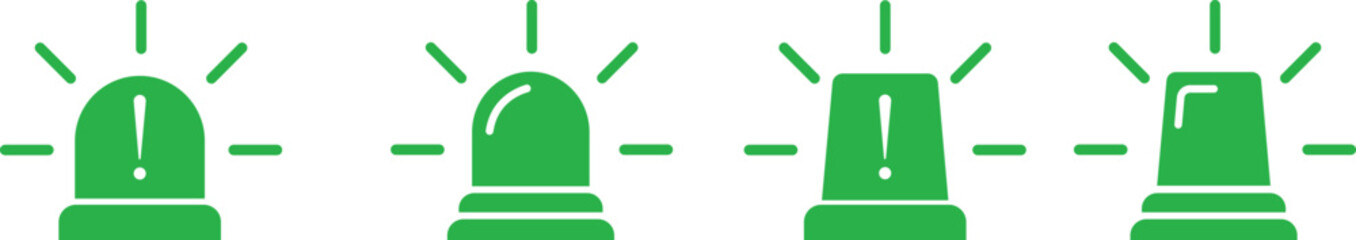 Siren icon set, vector of emergency alarm and police light symbols in  style, warning signal collection, alert beacon, flashing lamp, safety bundle isolated on transparent background.