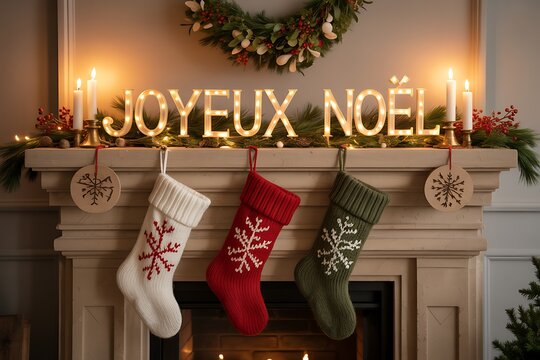 Warm holiday glow with festive stockings and "Joyeux Noel" illuminated sign above fireplace