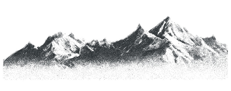 Abstract grunge texture of dotted mountain range with vintage halftone and speckled noise. Photocopy-style vector landscape featuring snowy hills and rough grain overlay