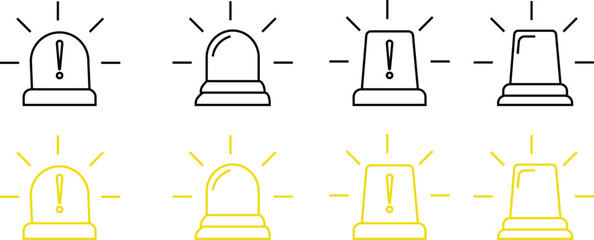 Siren icon set, vector of emergency alarm and police light symbols in  style, warning signal collection, alert beacon, flashing lamp, safety bundle isolated on transparent background.