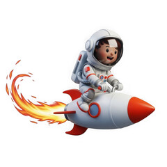 A happy child astronaut riding a rocket with fire isolated isolated on transparent background