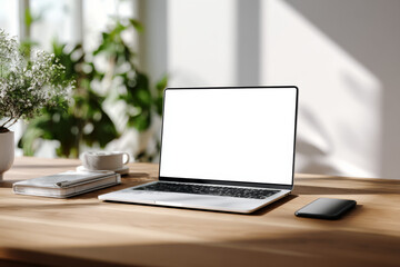 Photorealistic Minimal Laptop Mockup in Bright Office Setting with Clean Desk