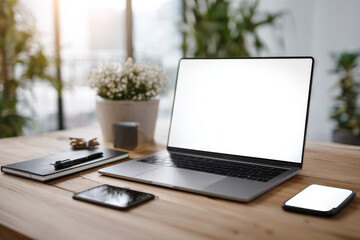 Photorealistic Minimal Laptop Mockup in Bright Office Setting with Clean Desk