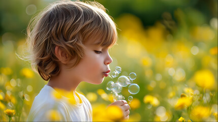 Happy child blowing soap bubbles surrounded by yellow wildflowers in summer sunlight